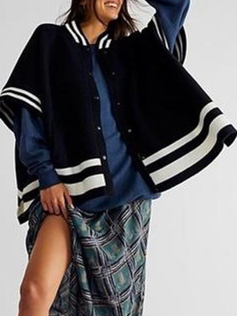 Free People pep rally stripe poncho Jacket Black White OS